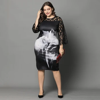 6XL Plus Velikost Prosojno Obleko Geometrijske Rokav Obleka Za Ženske Letnik Cvjetnim Natisne Stranka Obleko Elegantno Obleke vestidos D25