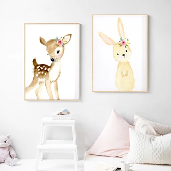Cvetlični Rumena Platno Slikarstvo Gozdnih Živali Plakatov in Fotografij Baby Tuš Akvarel Živali Wall Art Slike za dnevno Sobo