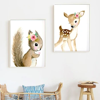 Cvetlični Rumena Platno Slikarstvo Gozdnih Živali Plakatov in Fotografij Baby Tuš Akvarel Živali Wall Art Slike za dnevno Sobo