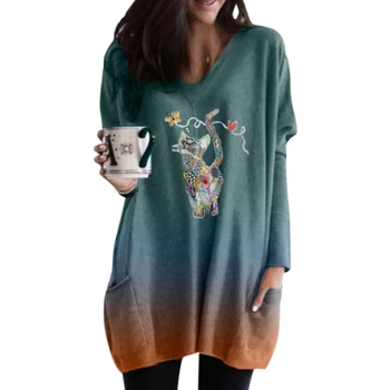 Gradient Ohlapno Obleko Ženske Jeseni Živali Natisnjeni Obleko z Dolgimi Rokavi Plus Velikost Ženske Oblačila Sukienki Proti Vratu T-shirt Mini Obleka