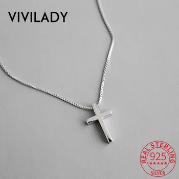 VIVILADY Minimalističen Slog Verodostojno 925 Sterling Silver Cross Visijo Ženske, Ogrlico, Obesek, Elegantna Polje Verige Za Ženski Nakit