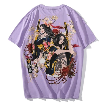 Japonski slog tiskanja lepoto samurai cvet kratek rokav mladi trend bombaž krog vratu, ohlapno T-shirt spodnja moška oblačila