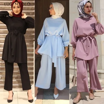 Lugentolo Ženske Dva Kosa Obleke Svoboden Muslimanskih Abaya Modni O-Vratu Sashes Elastični Pas Dolgo Trdno Urad Dama Določa