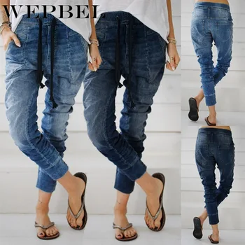 WEPBEL Jeans ženska Moda Barva Šivanje Čipke-up Jeans Priložnostne Svoboden Beljene Oprati Visoko Pasu Denim Svinčnik Hlače