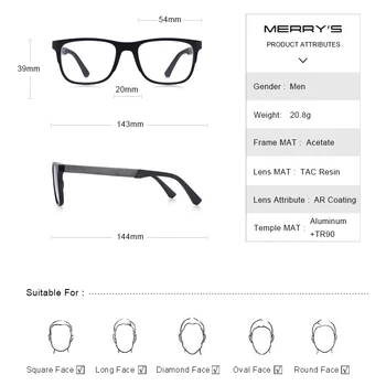 MERRYS DESIGN Moških Kvadratnih Očala, Moška Moda Kratkovidnost Recept Očala TR90 Okvir Titanove Zlitine Noge S2033