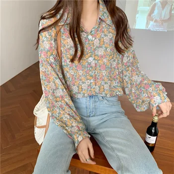 2021 Pomlad nove Priložnostne Šifon Ženske Bluzo z Dolgimi Rokavi Ženske Shirt Tiskanje Cvetlični korejski Vrhovi Blusas Jopico Lady Oblačila 10312