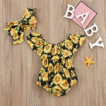 Srčkan Newborn Baby Toddler Dekleta Obleke Cvet Romper Sončnično Jumpsuit Obleke Komplet Oblačil