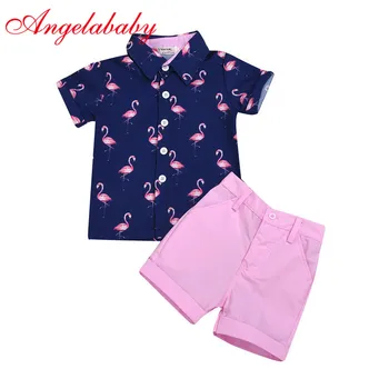Fantje, moda, gospod kompleti oblačil tiskanja flamingo kratek sleeve zgornji del + hlače 2 kos oblačila summer party obleke za otroke
