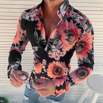 Kul Majice Za Moške Vzročno Dolg Rokav Cvet Tiskano Majico Fit Slim Bluzo camisas par hombre oblačila#GH