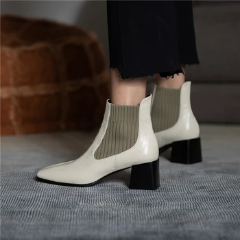 VERCONAS Jeseni, Pozimi 2020 Ženske Škornji Jedrnato Retro Chelsea Škornji Pravega Usnja Kvadratni Toe Priložnostne Kratka Ženska, Čevlji