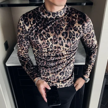 2020 Nove Zimske Leopard Tiskane Majice S Kratkimi Rokavi Moški Žamet Mens Turtleneck Vrhovi Slim Fit Majica Mens Dolg Rokav Seksi Fitnes Tshirts