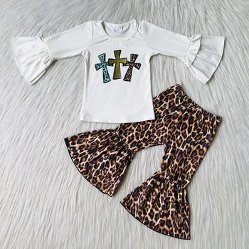 Debelo Otrok Baby Dekle Velikonočni Križ Oblačila Določa Otroci Ruffle Dolg Rokav Bela Majica Leopard Bell-dnom Obleko Hlače