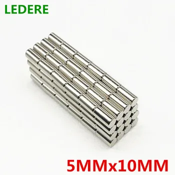 LEDERE 50pcs 5 mm x 10 mm Super močan krog neodymium magnetom 5x10 N35 redkih zemelj trajnega magneta, 5 mm*10 mm močan magnet, 5*10