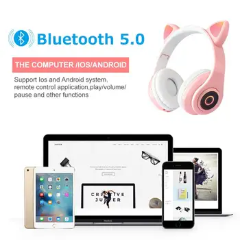 LED Mačje Uho Slušalke Bluetooth 5.0 šumov Odrasli Otroci Dekle Slušalke Podpira TF Kartice FM Radio Z Mic Brezžični+Žično