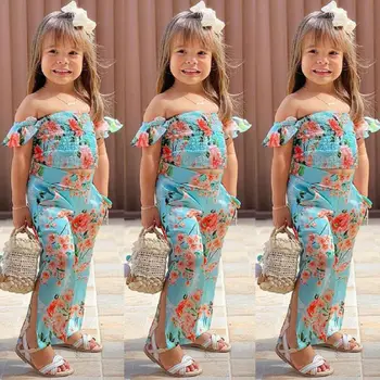 Malčka Otrok Baby Dekle Cvetlični Obleke Off Ramenski Obreži Zgoraj Dolge Hlače Obleko Set