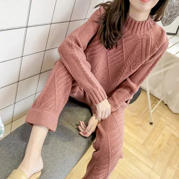 Moda za ženske je pomlad 2-kos jeseni korejski različico novega debel pulover nastavite hlače ženske retro pletene sweaterWomen je ustrezala