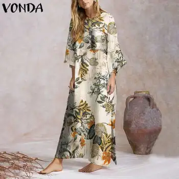 Ženske, Dolg Rokav Obleka Bohemian Cvjetnim Natisne Počitnice Obleko 2021 VONDA Priložnostne Dolgo Haljo Strani Split Dolge Obleke, Plus Velikost