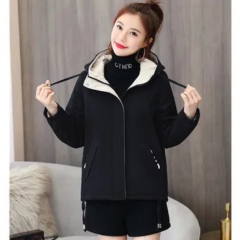UHYTGF Zimska jakna za ženske Plus žamet debel toplo parka ženske hooded windproof študentov kratek plašč svoboden plus velikost plasti 604