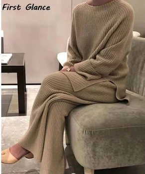 Ženska Pure Color Mode Pleteno Obleko 2020 Spomladi In Jeseni Nova Ohlapna Pulover s Širokim noge Hlače Dva-delni Set