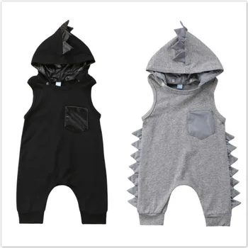 Srčkan Novorojenega Dojenčka Baby Boy Girl Dinozaver Hooded igralne obleke Jumpsuit Poletje Otroška Oblačila Črno Siva 3M 6M 12M 18 M 24M