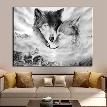 Črni in beli volk živali dekoracijo slikarstvo domači dnevni sobi ozadju steni visi slikarsko platno slikarstvo