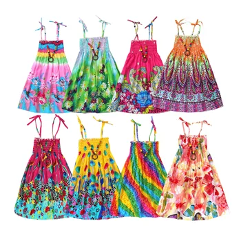Poletje Dekleta Rainbow Beach Obleka Princess Obleke za Teen Dekleta Perilo Oblačila 3 6 9 12 Leta z Ogrlico Darilo