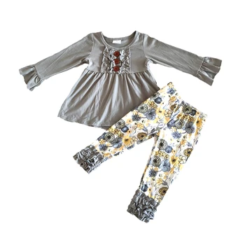 Visoka kakovost otroke boutique sodijo oblačila sklop dekle sivo vrh in cvetje vzorec hlače nastavite dekle moda zaledenitve ruffle obleko