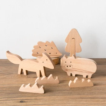 Nordijska živali lesene majhne okraske ustvarjalne srčkan živali gradnikov hiše fox dreves bloki