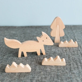 Nordijska živali lesene majhne okraske ustvarjalne srčkan živali gradnikov hiše fox dreves bloki
