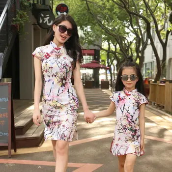 Družina Ujemanja Obleke, Mati Hči Obleke poletje obleko otrok nacionalni veter cheongsam obleko, mati, hči cheongsam