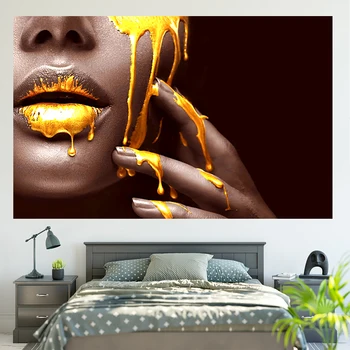 Afriške Gola Ženska Platno Slikarstvo Zlato Seksi Ustnice Black Plakatov in Fotografij Stenskih slikah, za Dnevna Soba Dekoracijo Doma
