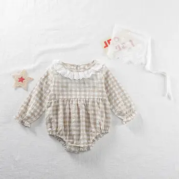 Newborn Baby Girl Obleke 2020 Organski Bombaž Toddlers Igralne Obleke Za Malčke Dekliška Pomlad Jesen Srčkan Kariran Tiskanja Jumpsuit Čipke Ovratnik