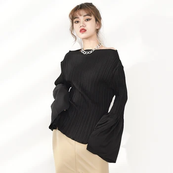 [EAM] Žensk Black Naguban Velika Velikost Elegantno T-shirt Nov Krog Vratu Flare Dolg Rokav Moda Plima Pomlad Jesen 2021 1DD002201
