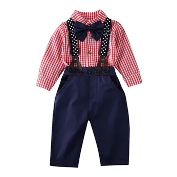 Malčka Fant Obleke 2020 Novih Otroci Baby Boy, Gospod Kariran T-shirt Suspender Hlače Formalnih Obleke Set