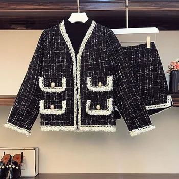 2020 Jeseni Sklop 2 Kos Ženske Tweed Tassel Biseri Gumb Odrezana Top Jakna + Hlače Obleko Korejski Zimske Obleke Plus Velikost