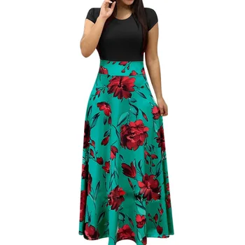 V Evropi Ženske Elegantne Cvjetnim Tiskanja Poletni Mozaik Maxi Obleko 2019 Priložnostne Kratek Rokav Vintage Boho Plaži Dolgo Obleko Vestidos