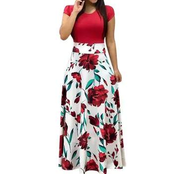 V Evropi Ženske Elegantne Cvjetnim Tiskanja Poletni Mozaik Maxi Obleko 2019 Priložnostne Kratek Rokav Vintage Boho Plaži Dolgo Obleko Vestidos