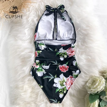 CUPSHE Black Cvetlični Povodcem enodelne Kopalke Seksi Slike Čipke Odprite Hrbtni Ženske Monokini 2021 Plaži, Kopalne Obleke, Kopalke