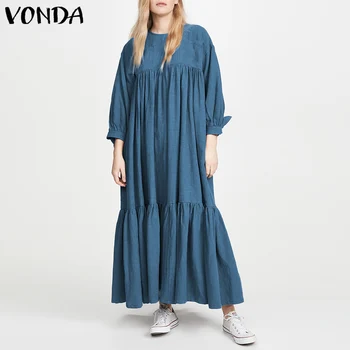 Moda Trdno Obleko Maxi Žensk Jeseni Sundress VONDA 2021 Priložnostne Dolg Rokav Bohemian Vestidos Ženski Bombaž Perilo Haljo Femme