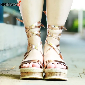 Poletje Platformo Sheos Klin Espadrilles Ženske Sandale Open Toe Gladiator Sandali Ženske Modni Čipke Povoj Sandali Plus Velikost