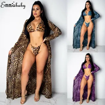 3pcs Ženske Vijolično Leopard Tiskanja Bikini Komplet Kopalk Dolg Rokav Kimono prikriti Jopico Plaže za Kopanje Obleko Kopalke Določa