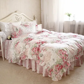 Vrt princesa posteljnina nastavite elegantno cvet tiskanja posteljnina ruffle rjuhe kritje kakovosti postelja krilo čipke dekorativni beddings posteljo stanja