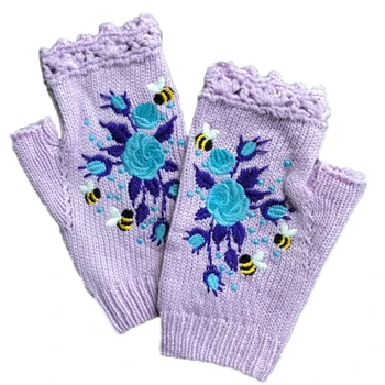 Ženske Zimske Pletene Rokavice brez Prstov Cvetlični Čebel Vezenje Thumbhole Palčniki M5TE