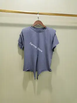 Ženske Siva Kratek Rokav T-shirt Bombaž O-vratu, Ramen Pad Vozlane Preprost Pasu Čipke-up 2020 Novo Poletje Nove Dame Tshirt Tee
