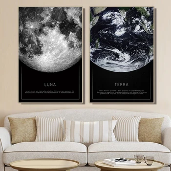Platno Slikarstvo Črno-beli plakat luna Zemlja je razvidno iz vesolja dnevna soba dekoracijo sten Skandinavsko slikarstvo
