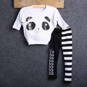 Nova Panda Dolg Rokav Sequined Vrhovi+Prugasta Dokolenke Hlače Dekliška Jeseni, Pozimi Oblačila, ki 2Pcs Obleke Otroke, Otroška Oblačila, Določa