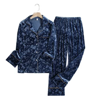 Zlati Žamet Pajama Nastavite Pozimi Sleepwear Tiskanja Jopico River Gumb Pocket Loungewear Udobno Toplo Homewear Pižame 2 Kos