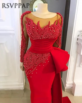 Dolgo Večerno Obleko 2020 Elegantno Morska Deklica Z Dolgimi Rokavi Luksuzni Biseri Afriških Žensk Rdeče Formalno Večernih Oblek