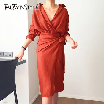 TWOTWINSTYLE Jeseni Ženske Obleke z Dolgimi Rokavi Povoj V Vratu Visoko Pasu Midi Shirt Obleko Ženski Elegantni Modni korejski 2019