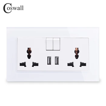 COSWALL 13A Univerzalno Vtičnico Vklopljen 2 USB Charge Vrata Za Mobilne Izhod 2.1 električne Vtičnice, Kristalno Steklo Plošče